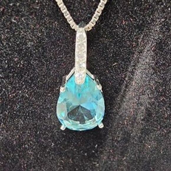 S925 Blue Glass & Pave Rhinestone Teardrop Pendant on 925 Stamped Necklace 18"L - Picture 7 of 7